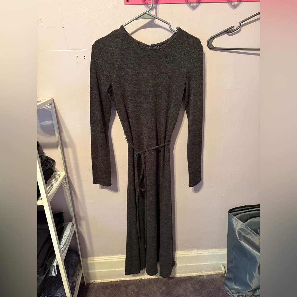 Zara Long Sleeve Belted Knit Dress - Charcoal
